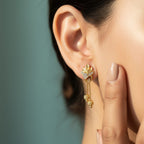 Gold-Tone Lotus Stud Earrings with CZ Accents & Dual Chain Drop