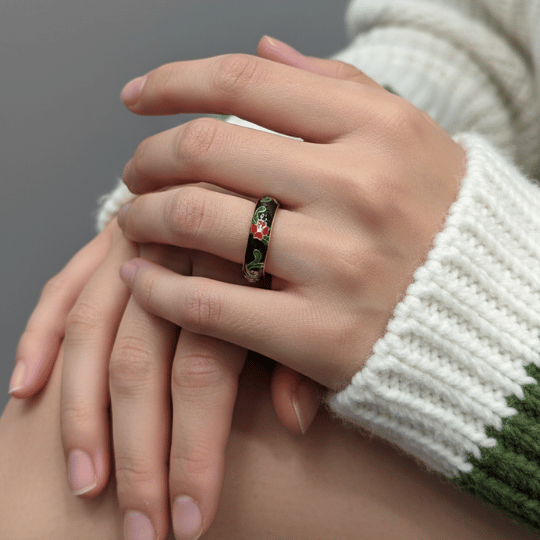 Black Enamel Floral Green Vine Dome Band Ring