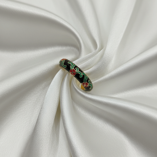 Black Enamel Floral Green Vine Dome Band Ring
