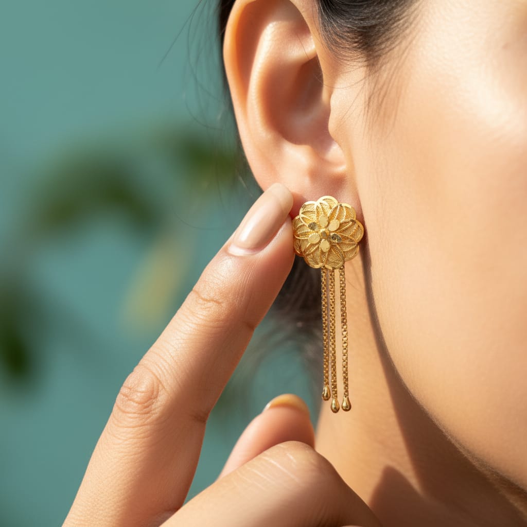 Lotus Filigree Gold Tassel Earrings