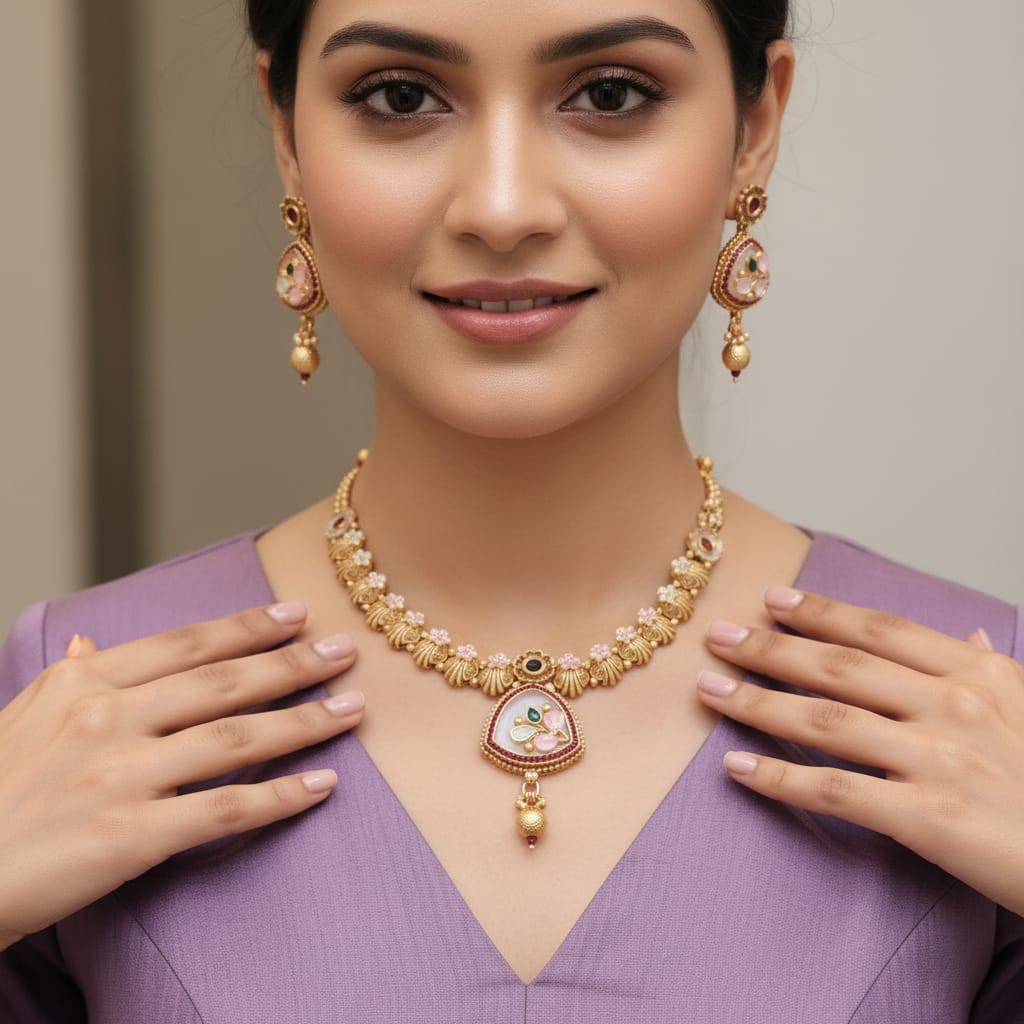 Antique Gold Floral Kundan Rajwadi Necklace Set