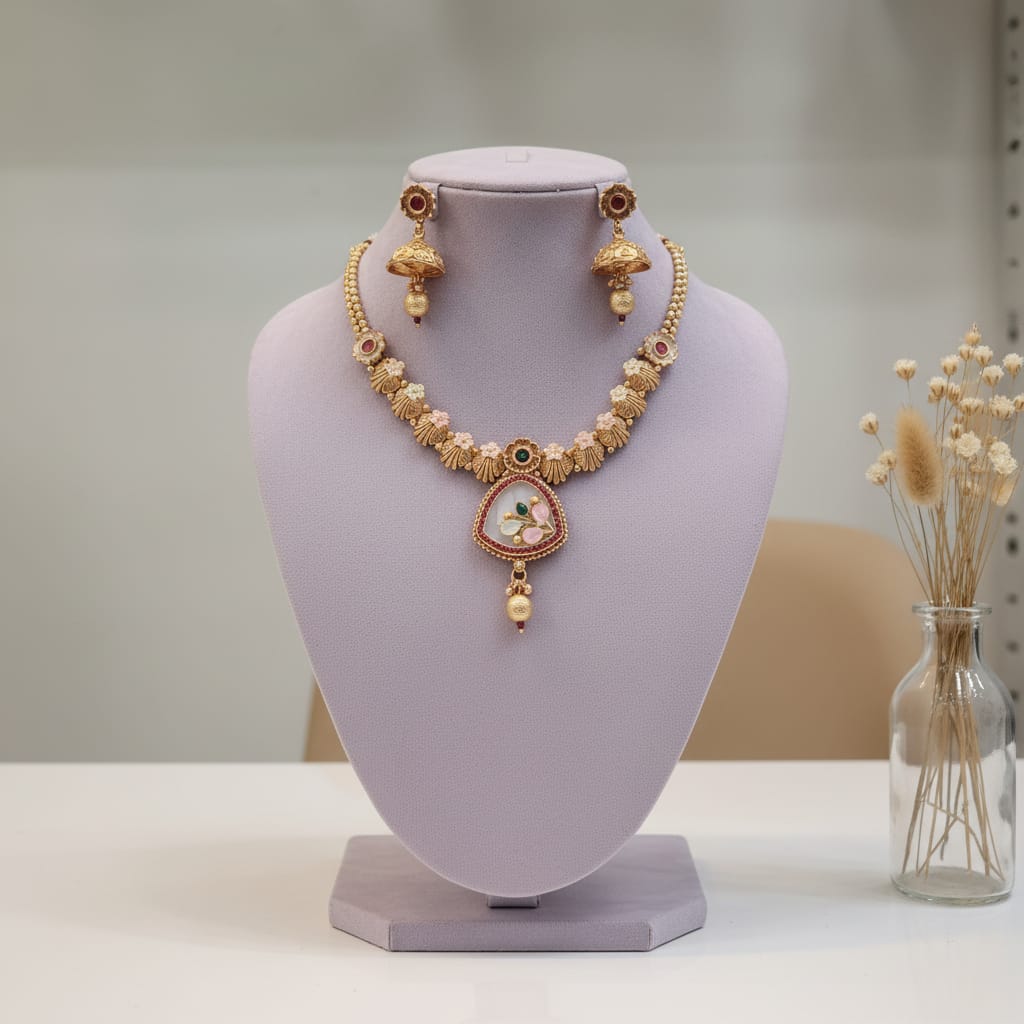 Antique Gold Floral Kundan Rajwadi Necklace Set