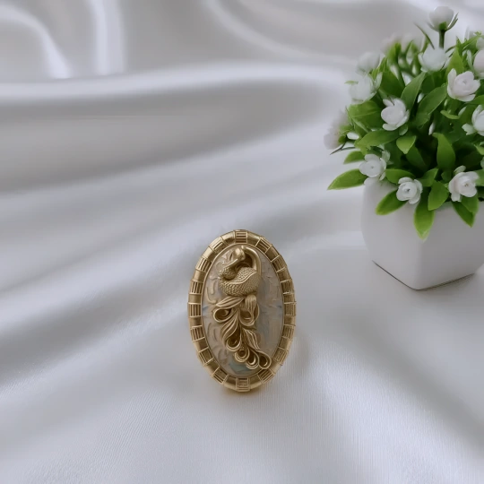 Rajwadi Oval Cameo Ring with Sculpted Peacock on Mother of Pearl & Gold Brick Border