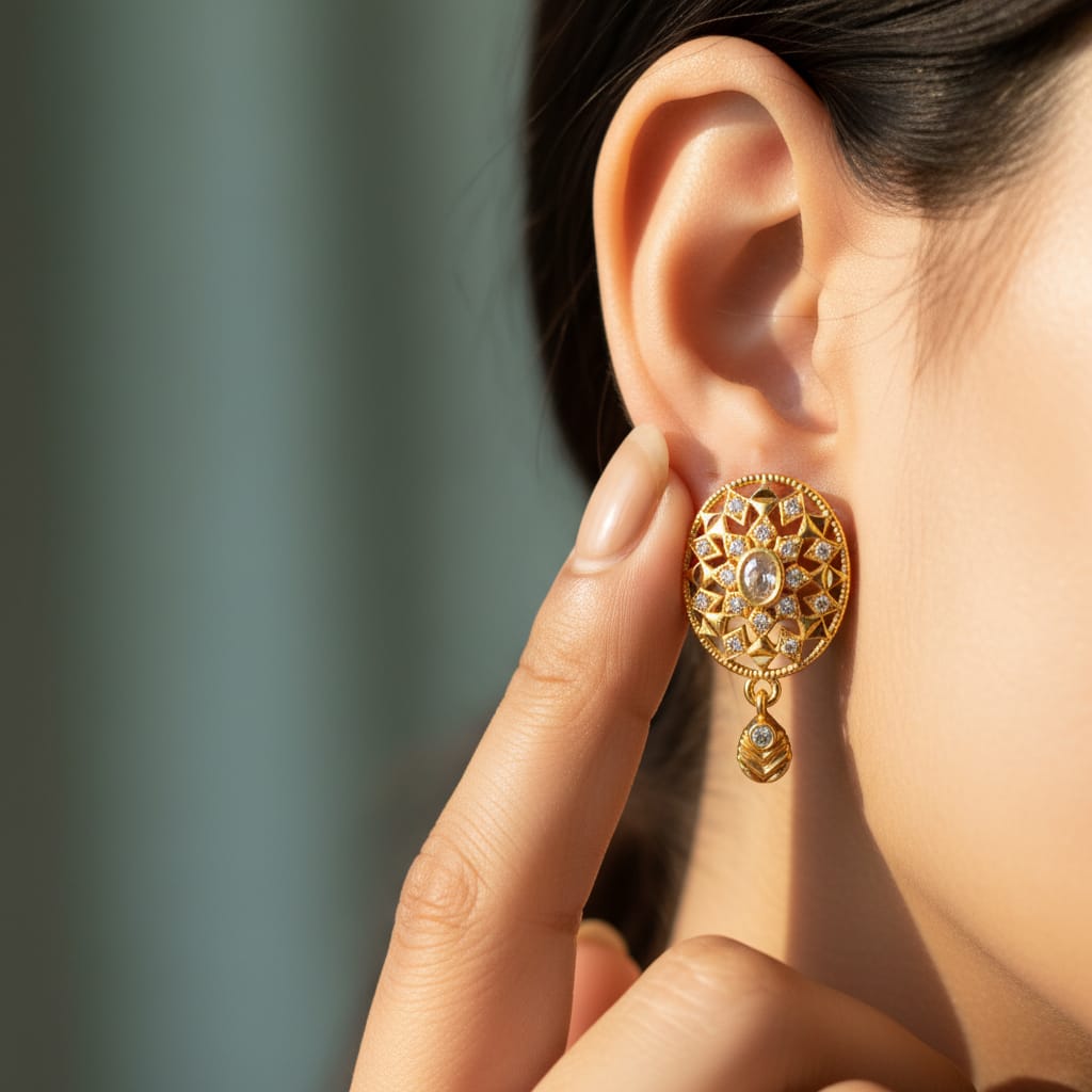 Sunburst Mandala CZ Gold Drop Earrings