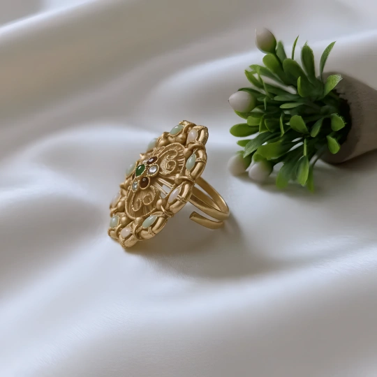Rajwadi Oval Marquise Ring with Moonstone Cabochons & Open Filigree Scrollwork