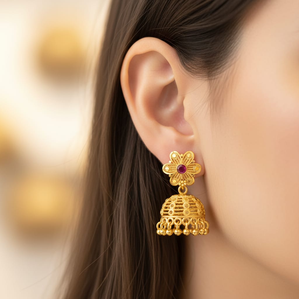 Micro Gold Plated Flower Jhumka with Ruby