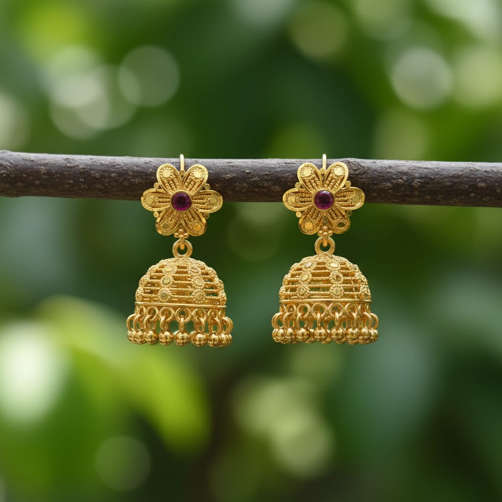 Micro Gold Plated Flower Jhumka with Ruby