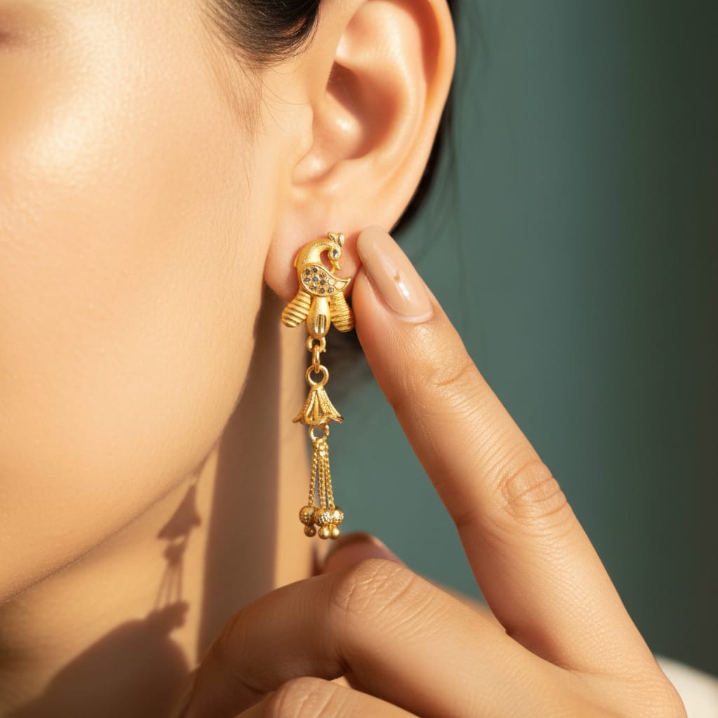 Peacock CZ Gold Floral Bell Chain Tassel Earrings