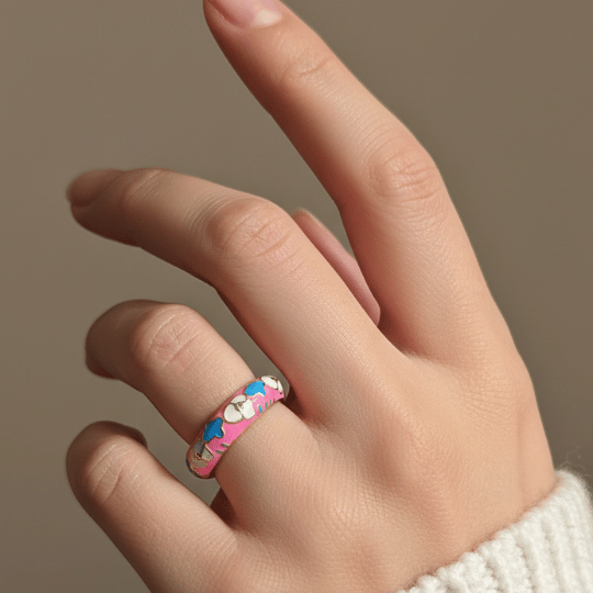 Pink Enamel Blue White Butterfly Dome Band Ring