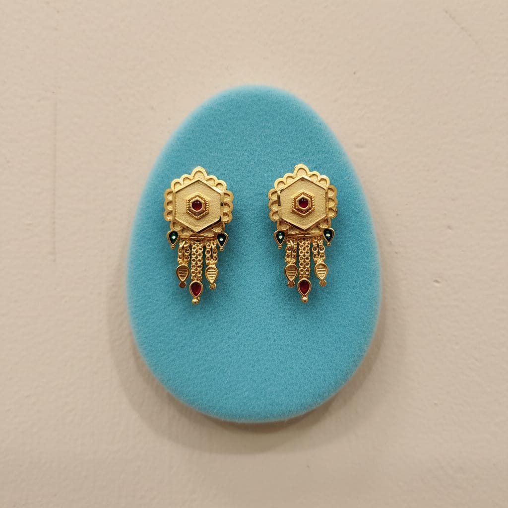 Hexagon Scallop Gold Ruby Emerald Chain Tassel Earrings