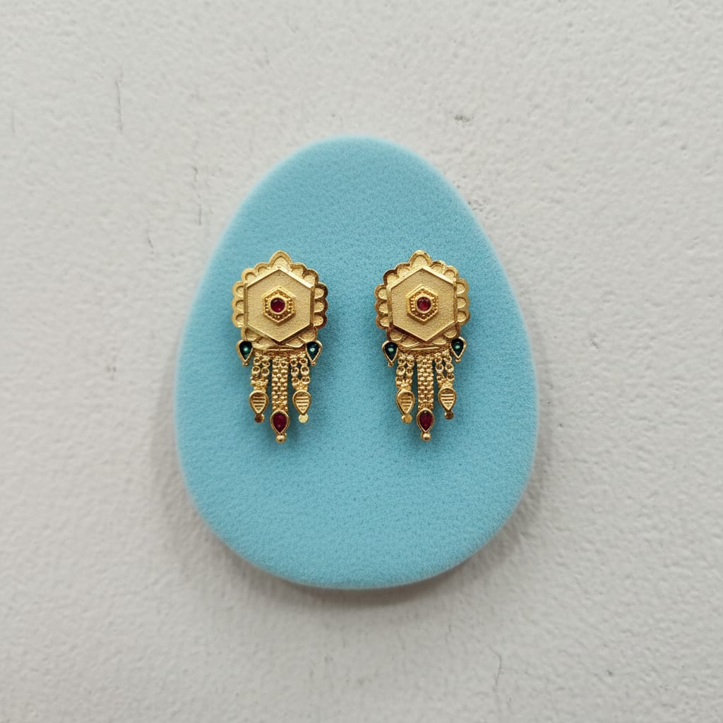 Hexagon Scallop Gold Ruby Emerald Chain Tassel Earrings