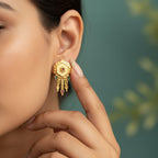 Hexagon Scallop Gold Ruby Emerald Chain Tassel Earrings