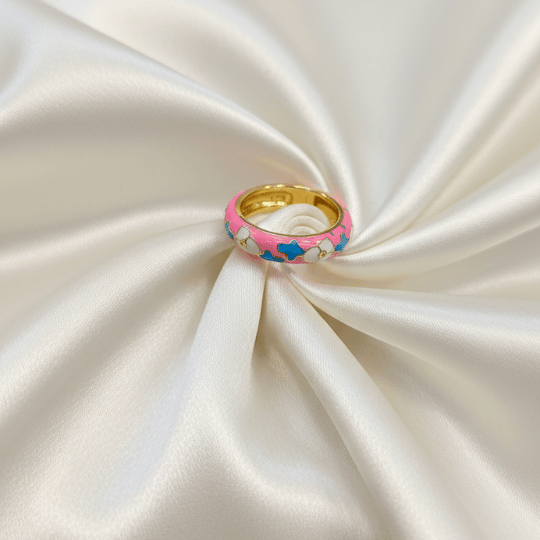 Pink Enamel Blue White Butterfly Dome Band Ring