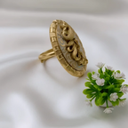 Rajwadi Oval Cameo Ring with Sculpted Peacock on Mother of Pearl & Gold Brick Border