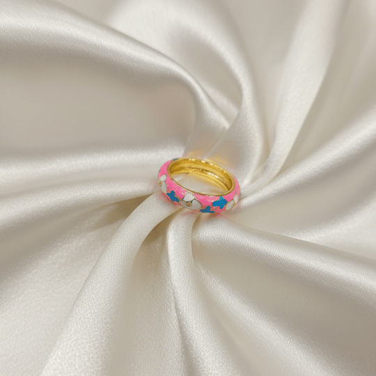 Pink Enamel Blue White Butterfly Dome Band Ring
