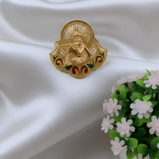 Rajwadi Lord Krishna Flute Ring with Meenakari Enamel Shield Base