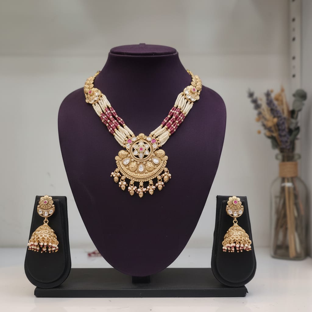 Ruby Pearl Kundan Rajwadi Necklace Set