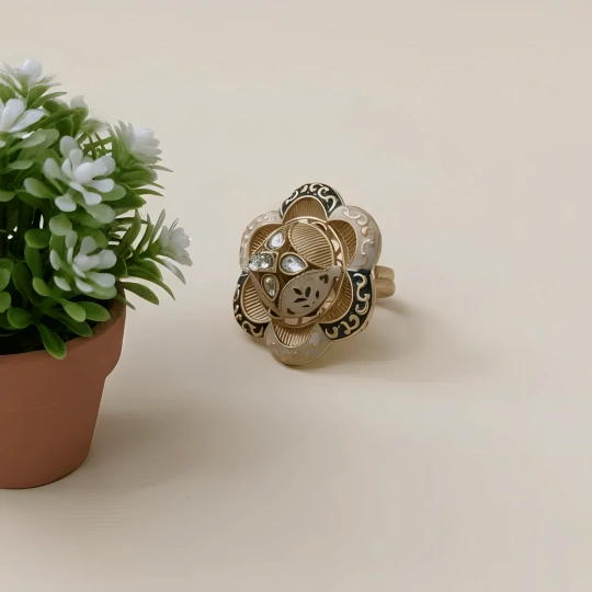 Rajwadi Black Meenakari Floral Ring with Ruby & Polki