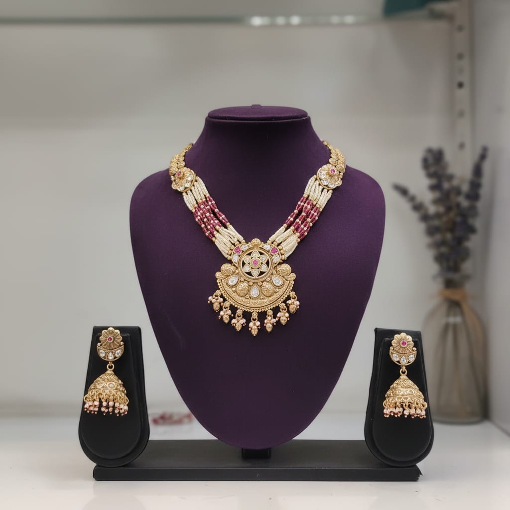Ruby Pearl Kundan Rajwadi Necklace Set