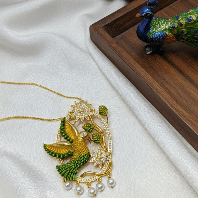 Peacock Enamel CZ Chain Pendant Set with Earrings