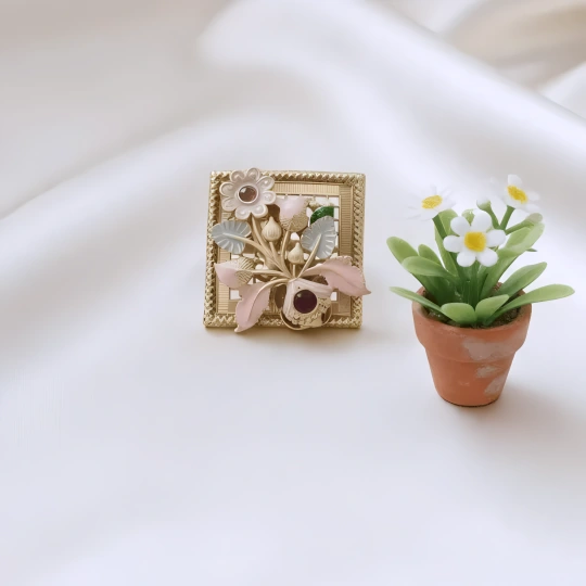 Rajwadi Square Frame Ring with 3D Floral Bouquet in Blush Pink & Sage Green Enamel
