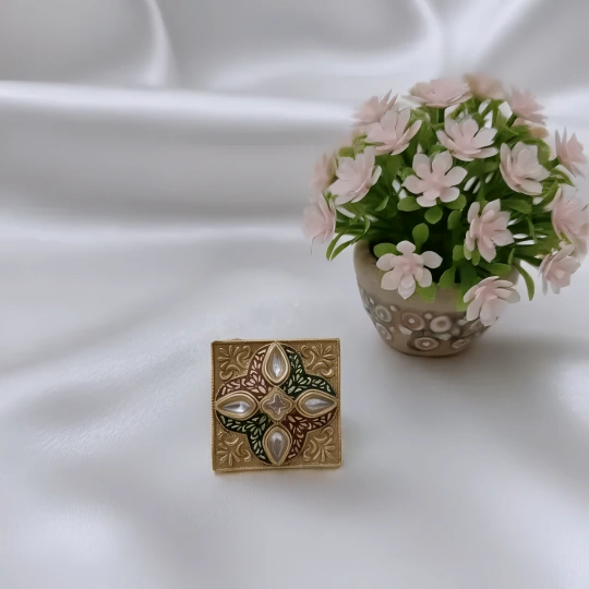 Rajwadi Square Mughal Tile Ring with Polki Kundan Cross & Dark Meenakari