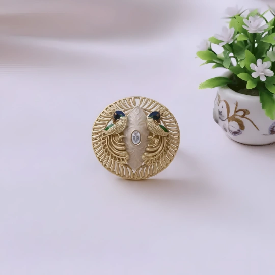 Rajwadi Twin Peacock Ring with Mother of Pearl & Diamond Accent