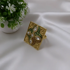 Rajwadi Square Mughal Tile Ring with Polki Kundan Cross & Dark Meenakari