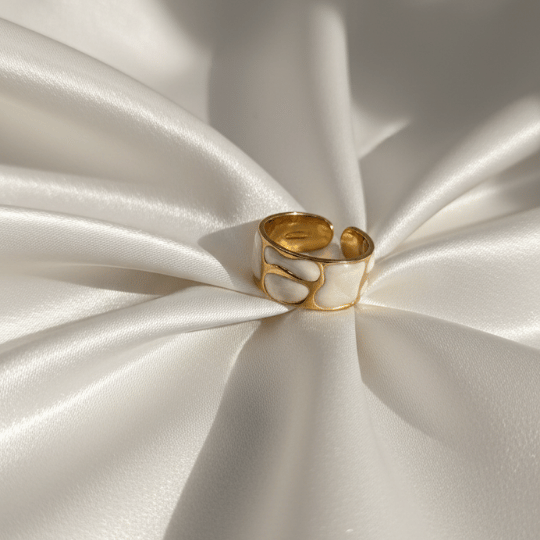 White Enamel Abstract Cutout Broad Open Band Ring