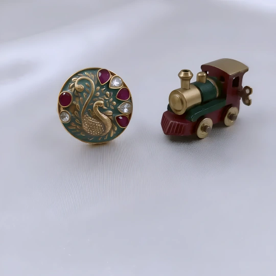 Rajwadi Peacock Disc Ring with Forest Green Meenakari, Ruby Teardrops & Crystal