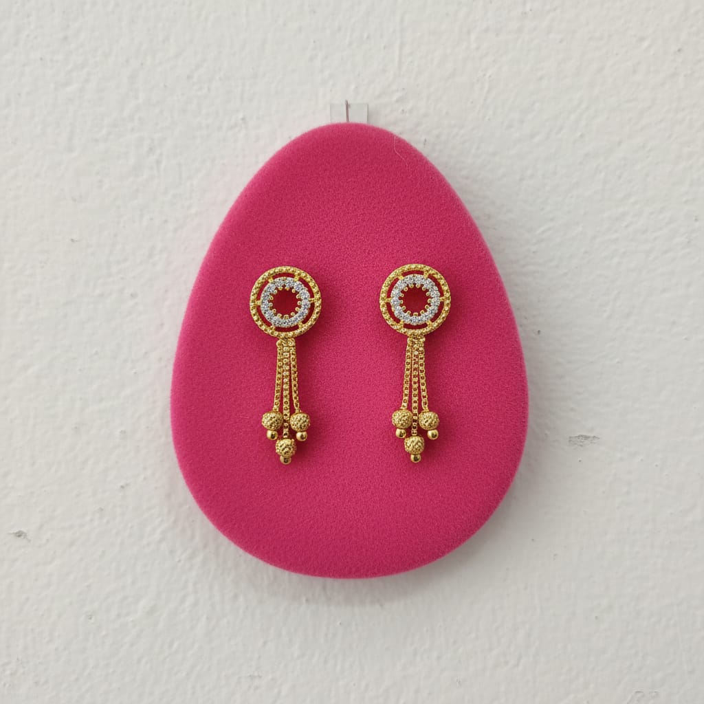 Concentric Circle CZ Gold Bead Chain Tassel Earrings