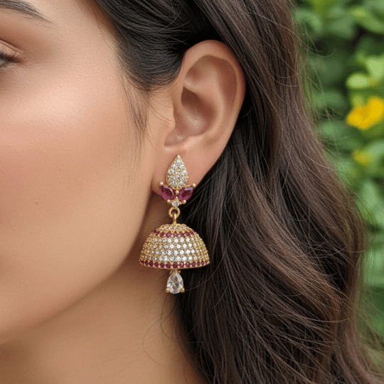 Micro Gold Plated CZ & Ruby Jhumka Earrings