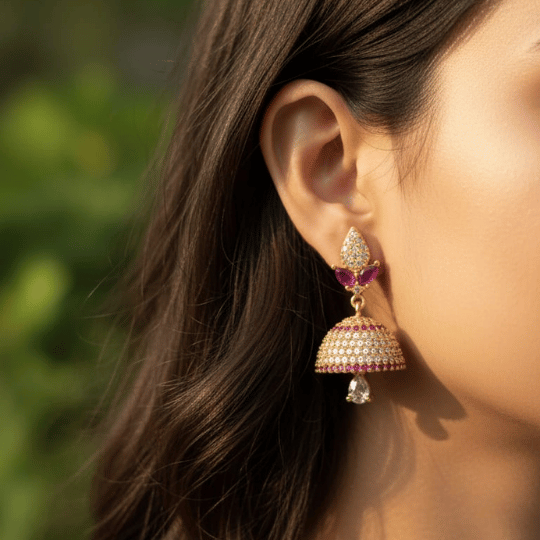 Micro Gold Plated CZ & Ruby Jhumka Earrings
