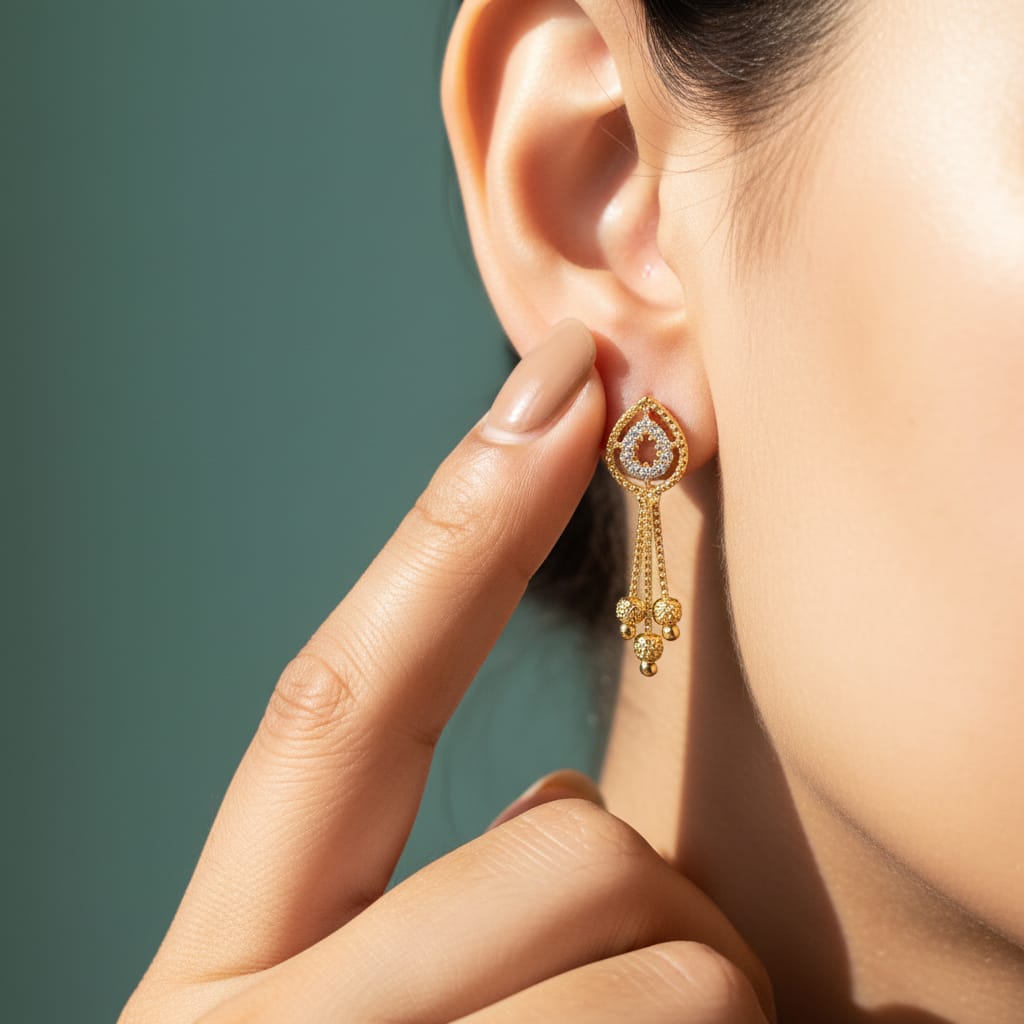 Paisley CZ Gold Bead Chain Tassel Earrings