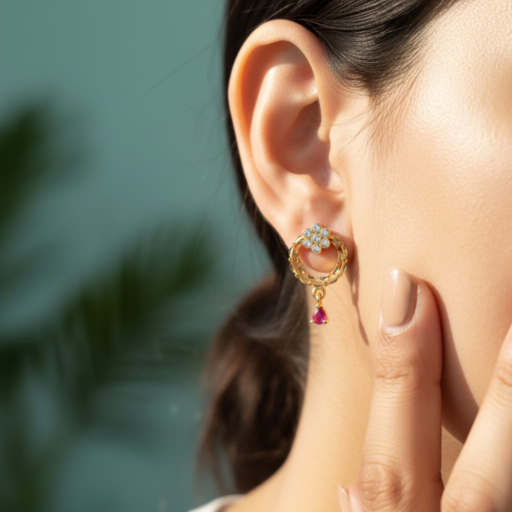 CZ Flower Rope Circle Ruby Teardrop Drop Earrings