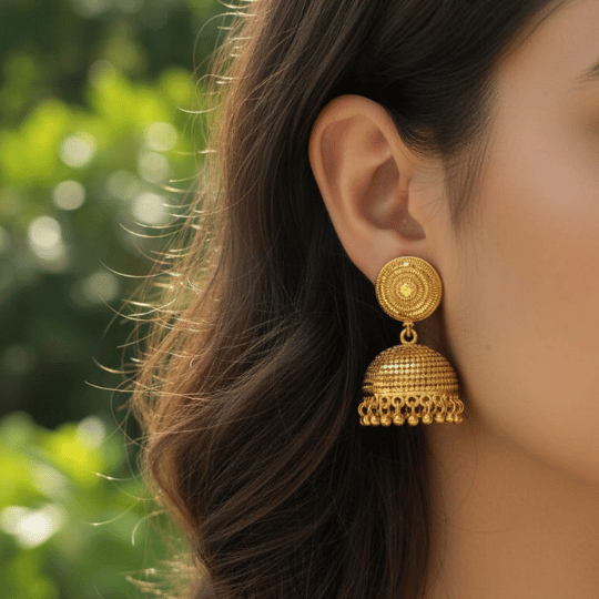 Micro Gold Plated Spiral Rope Jhumka Earrings with Gold Bead Drops