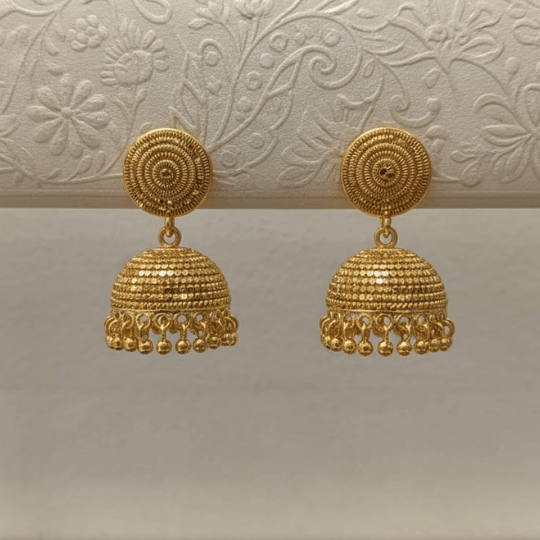 Micro Gold Plated Spiral Rope Jhumka Earrings with Gold Bead Drops
