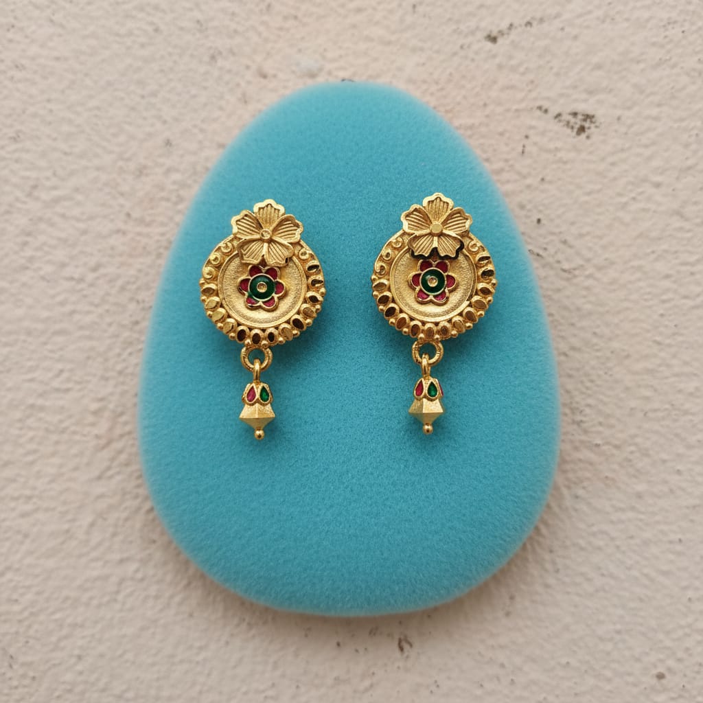 Floral Top Round Disc Meenakari Bell Drop Earrings