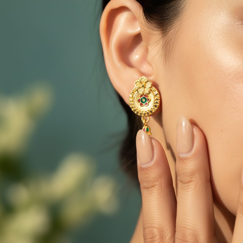 Floral Top Round Disc Meenakari Bell Drop Earrings