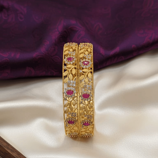 One Gram Gold Ruby Floral Bangles