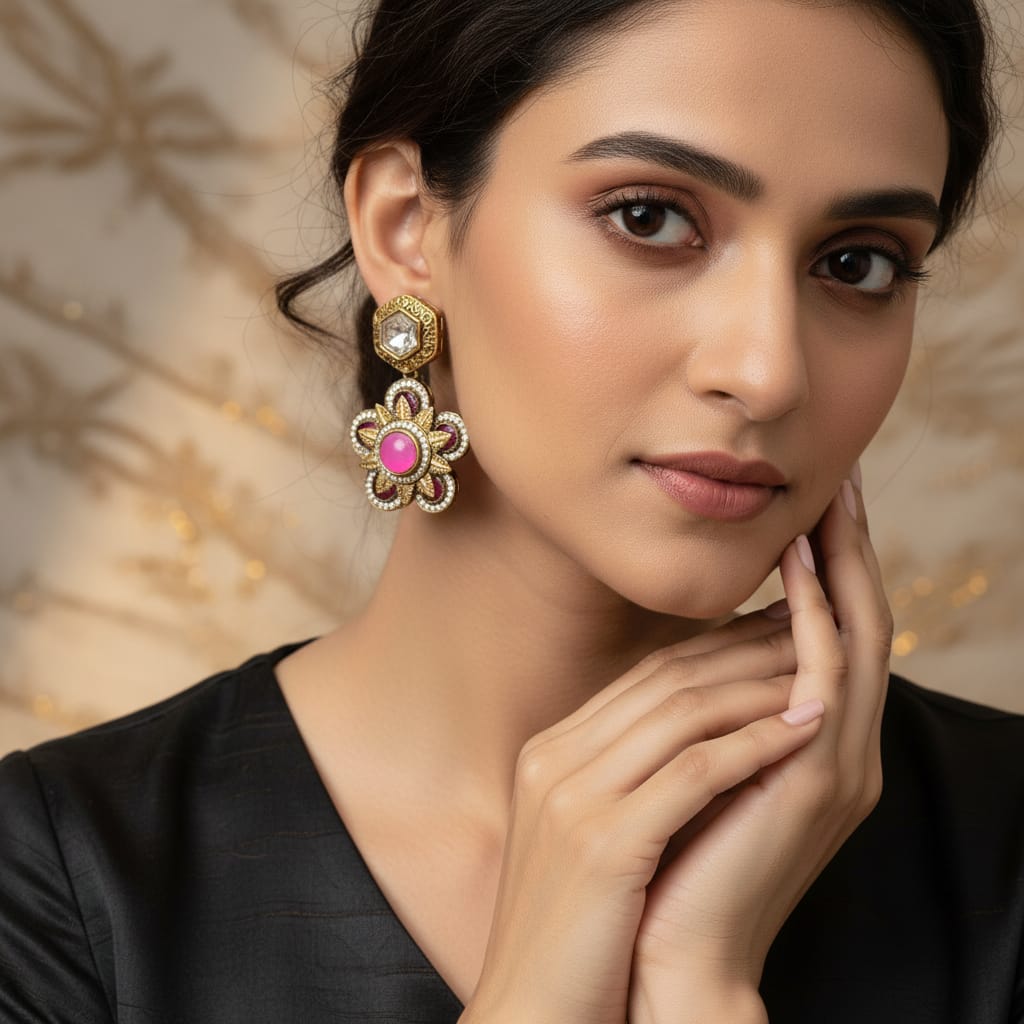 Antique Gold Polki & Floral Drop Earrings with CZ Starburs
