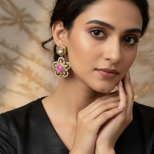 Antique Gold Polki & Floral Drop Earrings with CZ Starburs