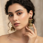 Antique Gold Ruby & Emerald Mughal Jhumka Earrings