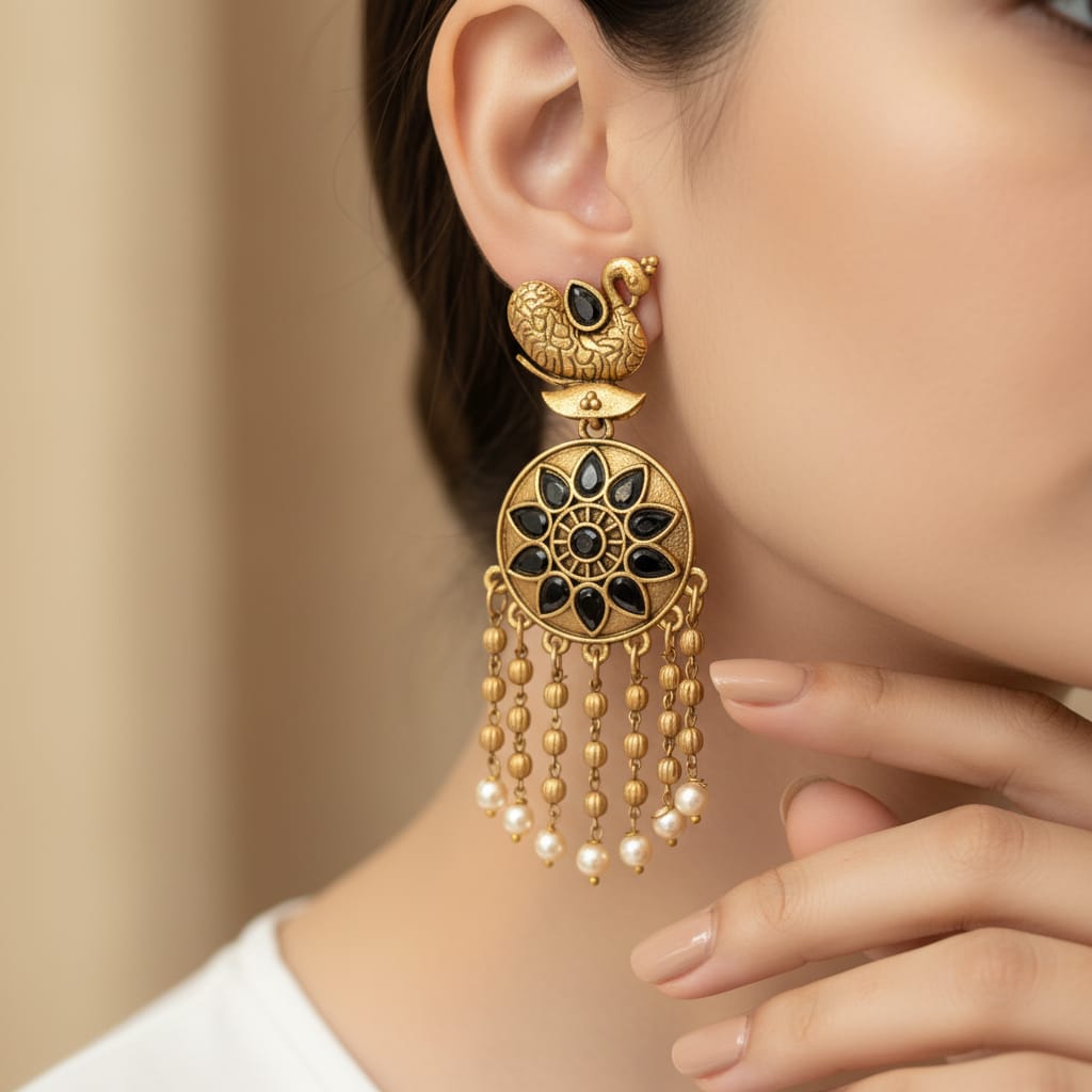 Antique Gold Swan Chandbali Earrings with Floral Disc