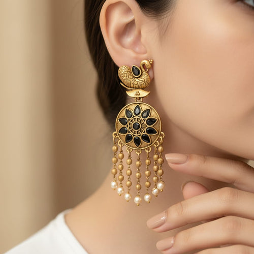 Antique Gold Swan Chandbali Earrings with Floral Disc