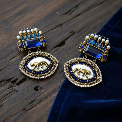 Antique Gold Tiger Motif Oval Drop Earrings 