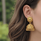 Micro Gold Plated Sunburst Lattice Jhumka Earrings with Gold Bead Drops