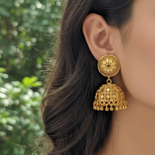 Micro Gold Plated Sunburst Lattice Jhumka Earrings with Gold Bead Drops