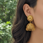 Micro Gold Plated Sunburst Lattice Jhumka Earrings with Gold Bead Drops