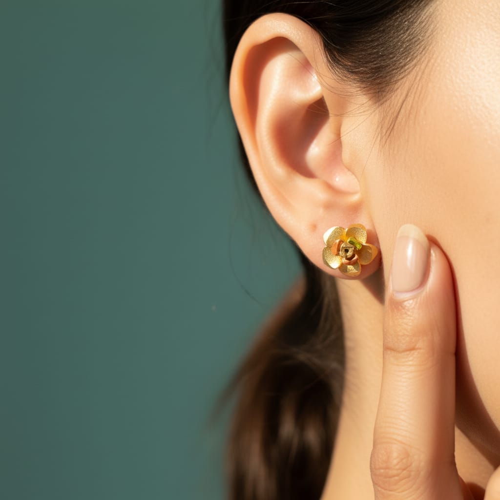 Tri-Tone Camellia Gold Stud Earrings